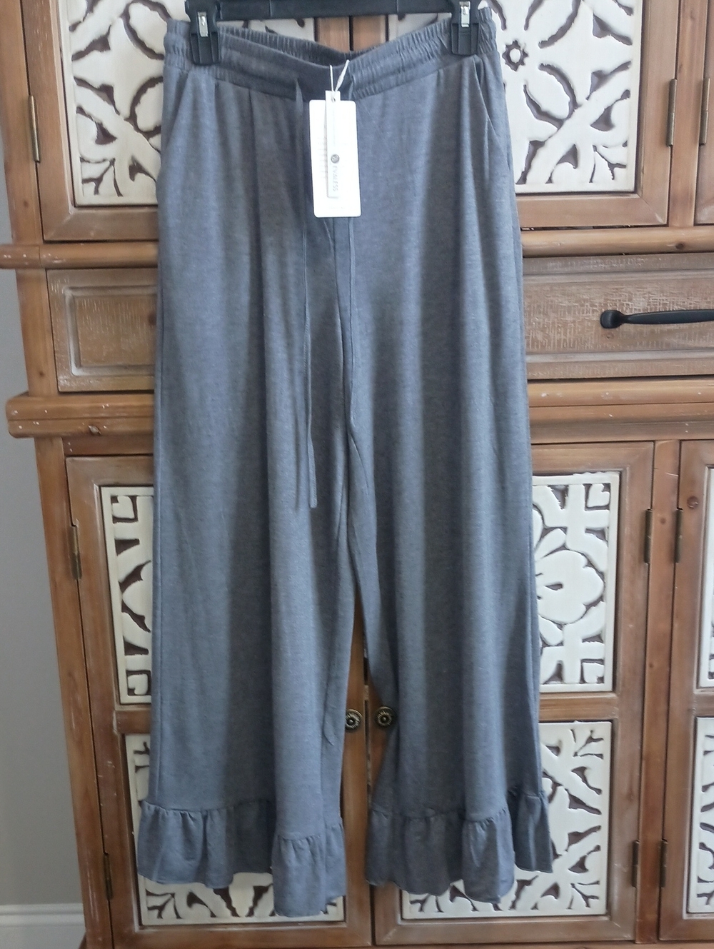Gray Ruffle Hem Wide Leg Pants